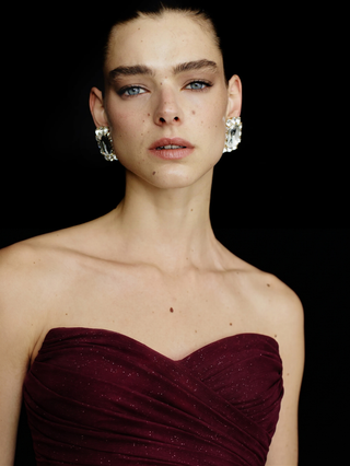 Varelle Draped Shimmer Gown – Deep Garnet