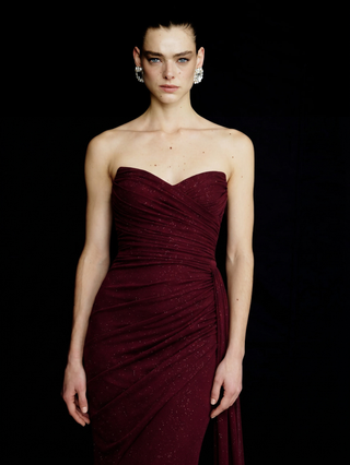 Varelle Draped Shimmer Gown – Deep Garnet