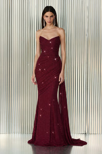 Varelle Draped Shimmer Gown – Deep Garnet
