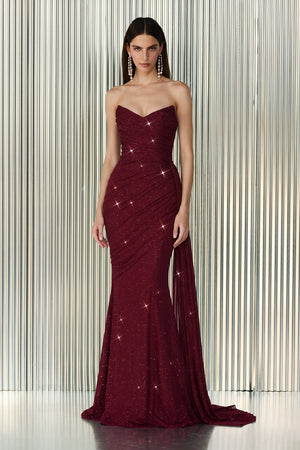 Varelle Draped Shimmer Gown – Deep Garnet
