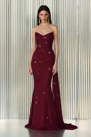 Varelle Draped Shimmer Gown – Deep Garnet