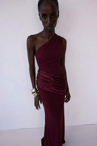 Sadina One-Shoulder Maxi Dress – Deep Red