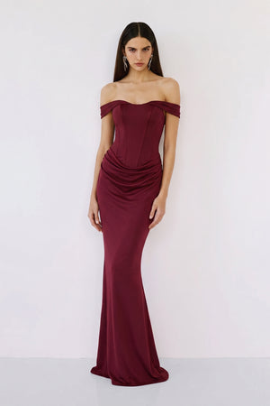 Virenza Structured Satin Gown – Cherry Red