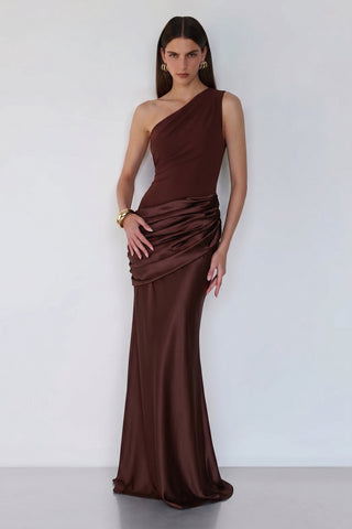 Sadina One-Shoulder Maxi Dress – Cocoa Satin