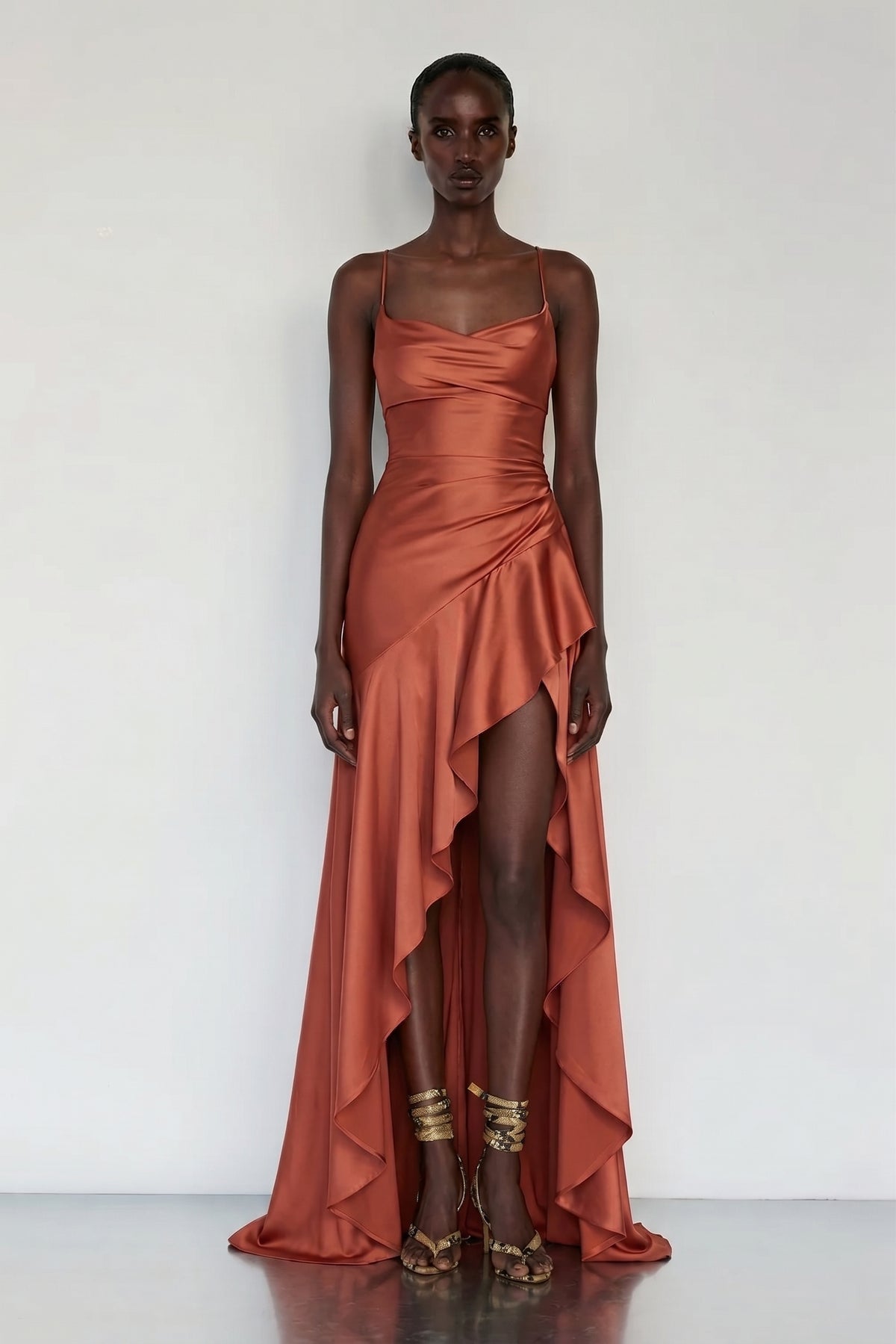 Solène Cascade Gown – Burnished Terracotta