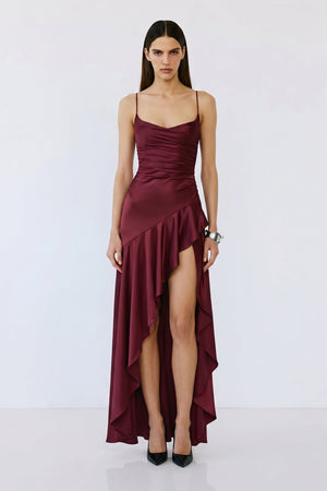 Solène Cascade Gown – Cherry Lacquer