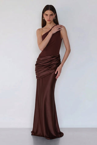 Sadina One-Shoulder Maxi Dress – Cocoa Satin