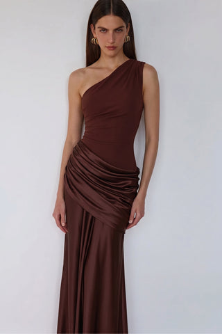 Sadina One-Shoulder Maxi Dress – Cocoa Satin