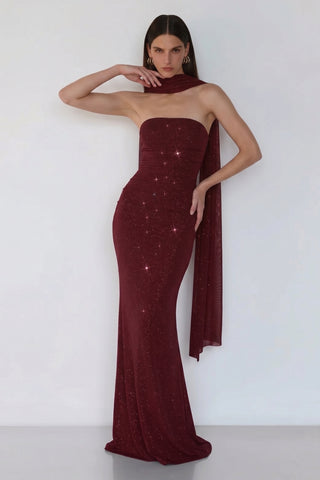 Elowen Scarf Gown – Red Sparkle