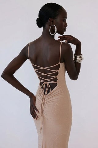 Zafira Crystal Gown – Beige
