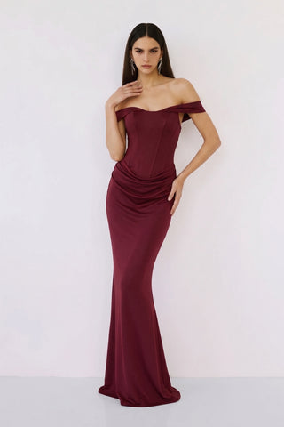 Virenza Structured Satin Gown – Cherry Red