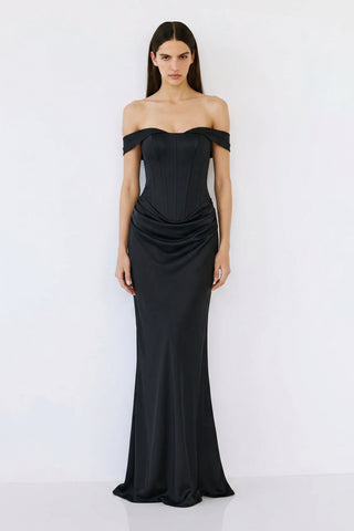 Virenza Structured Satin Gown – Black