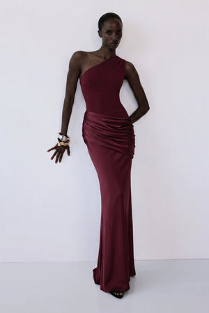 Sadina One-Shoulder Maxi Dress – Deep Red