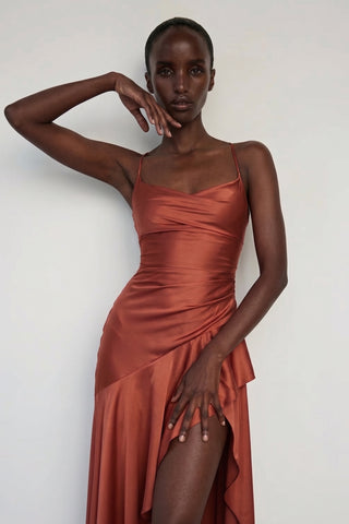 Solène Cascade Gown – Burnished Terracotta