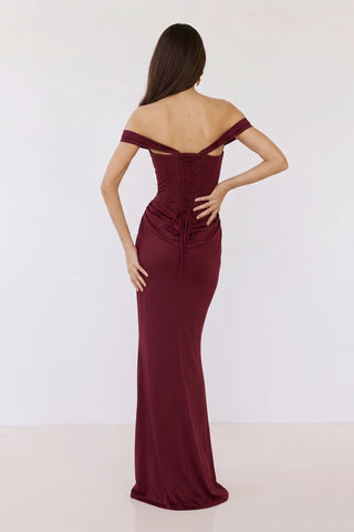 Virenza Structured Satin Gown – Cherry Red