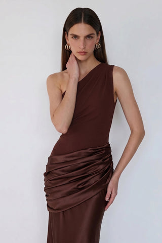 Sadina One-Shoulder Maxi Dress – Cocoa Satin