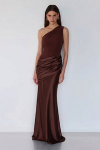 Sadina One-Shoulder Maxi Dress – Cocoa Satin