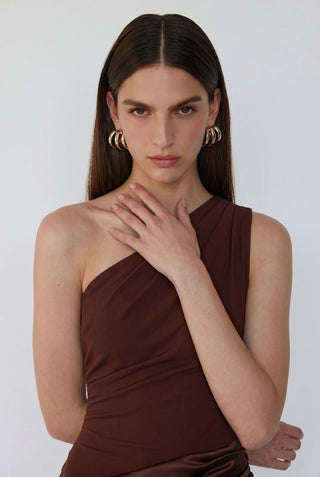 Sadina One-Shoulder Maxi Dress – Cocoa Satin