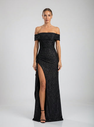 Velina Noir Marceline Slit Gown in black sparkle – gown product photo