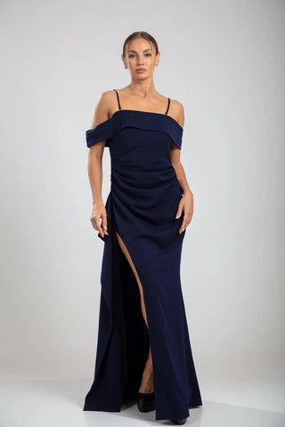 Velina Noir Marceline Slit Gown in navy blue – gown product photo