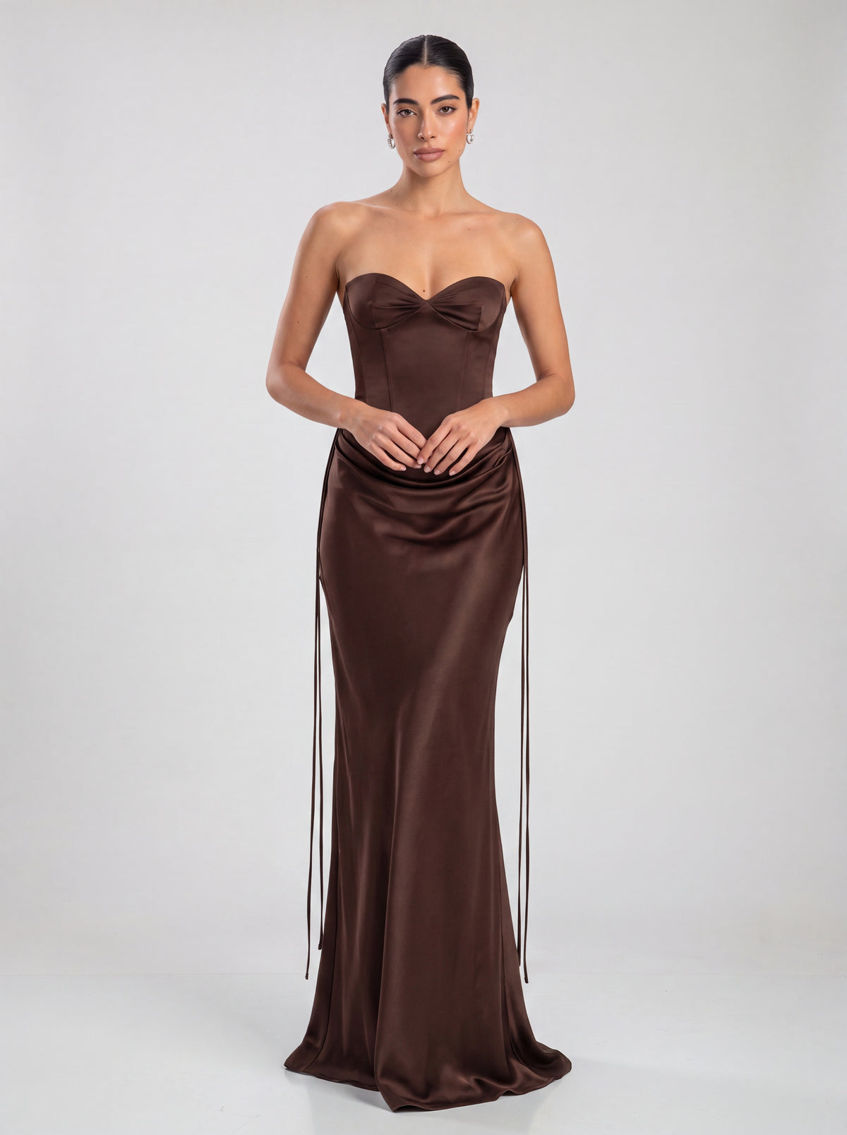 Velina Noir Strapless Corset Satin Maxi Dress – maxi dress product photo