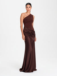 Sadina One-Shoulder Dress – Cocoa Satin