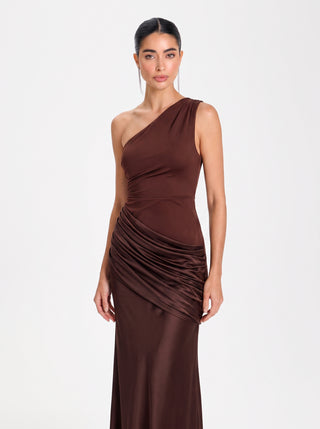 Sadina One-Shoulder Dress – Cocoa Satin