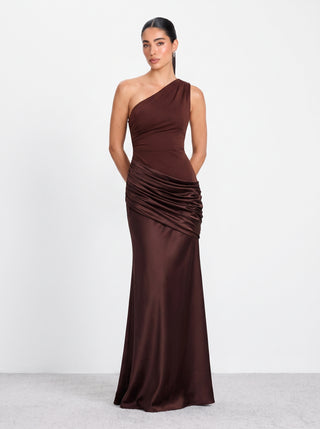 Sadina One-Shoulder Dress – Cocoa Satin